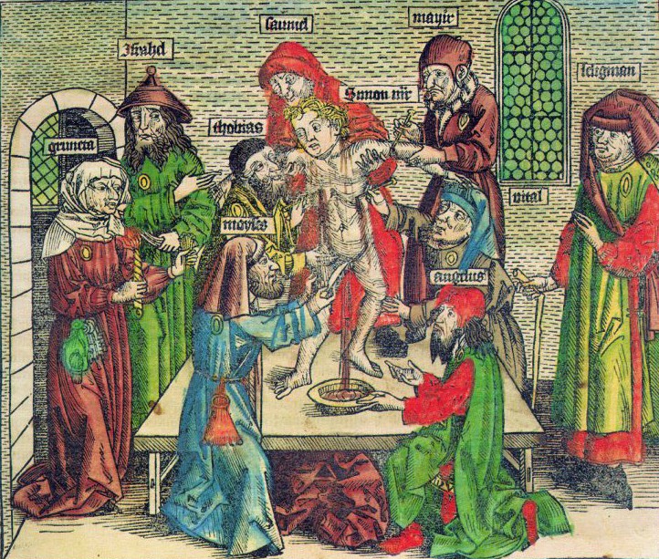 Figure 55.  Blood Libel: Fifteenth century woodcut showing Jews murdering the child Simon of Trent